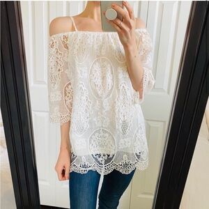 Brixon ivy boho crochet lace off the shoulder scalloped edge blouse size S